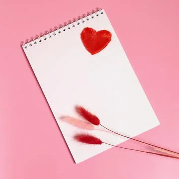 A notebook with a spring, a red textile heart and dried lagurus flowers Stock Photos
