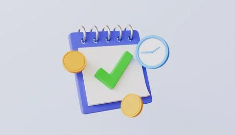 Notebook style calendar with check mark and clock with gold coins, budget Stock Illustration
