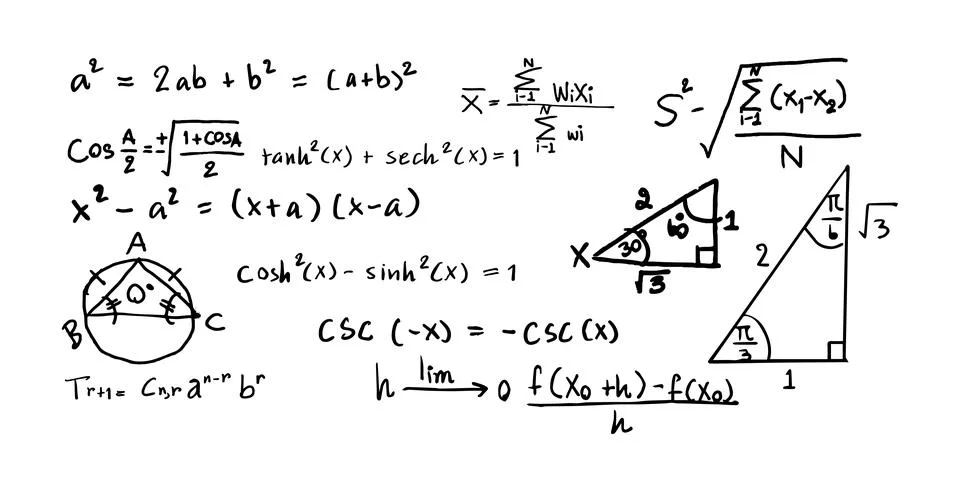 Notebook-style doodle of math formulas, scientific equations and calculation  Stockillustratie