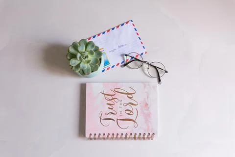 Notebook surface with glasses, succulents, envelope with the inscription Russia Foto stock