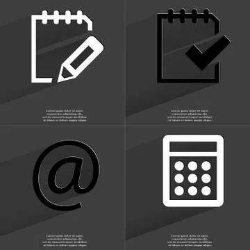 Notebook, Task comleted, At, Calculator icon sign. Set of Symbols with Flat d 스톡 일러스트