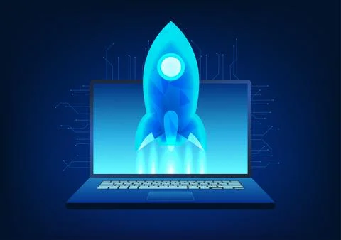 Notebook technology The screen has rockets rising behind it as a connected .. イラスト素材