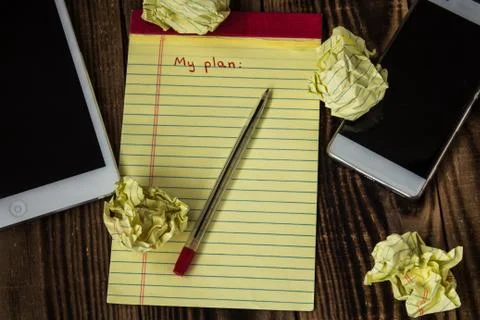 Notebook with title my plan tablet cellphone Stock Photos