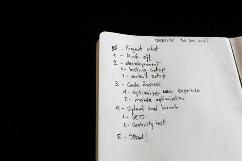 Notebook with todo list for the development of a website. Five passages with  Foto stock