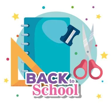 Notebook with triangle ruler and scissors with sharpener 库存插图