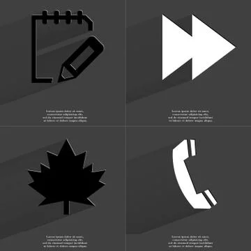 Notebook, Two arrows media icon, Maple leaf, Receiver. Symbols with long shadow. イラスト素材