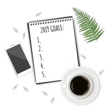 Notebook with wish list on white rustic table, flat lay style. Planning concept. Stock Illustration
