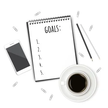 Notebook with wish list on white rustic table, flat lay style. Planning concept. Illustrazione stock