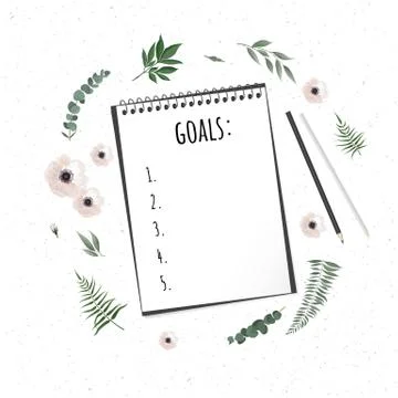 Notebook with wish list on white rustic table, flat lay style. Planning concept. Stock Illustration