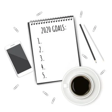 Notebook with wish list on white rustic table, flat lay style. Planning conce Stock Illustration