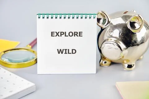 A notebook with the words EXPLORE WILD sits next to a shiny golden piggy bank on Stock Photos