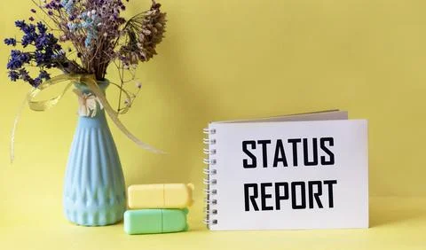 A notebook with the words STATUS REPORT on a yellow background Foto stock