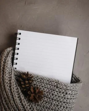 Notebook wrapped in a gray scarf with pine cones on gray background, top view Stock Photos