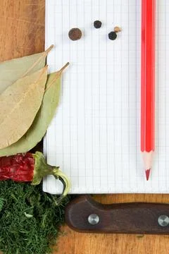 Notebook to write recipes with spices 스톡 사진