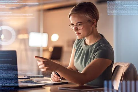 Notebook writing, coding or interactive abstract for business woman in night Stock Photos