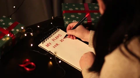 Notebook with written plans for new year 2025 in Christmas decoration Stock Footage 292116162