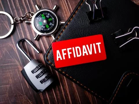 Notebook,compass and padlock with text AFFIDAVIT Stock Photos