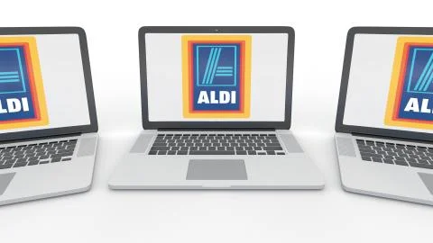 Notebooks with Aldi logo on the screen. Computer technology conceptual editorial Stock-Illustration