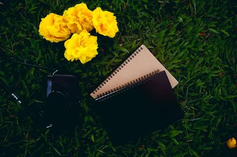 Notebooks and cameras Top angle shot, shadow picture, soft light Stock Photos