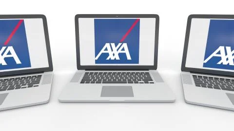 Notebooks with AXA logo on the screen. Computer technology conceptual editorial Stock-Illustration