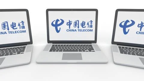 Notebooks with China Telecom logo on the screen. Computer technology conceptual Illustrazione stock