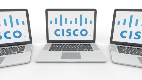 Notebooks with Cisco Systems logo on the screen. Computer technology conceptual Stock Illustration