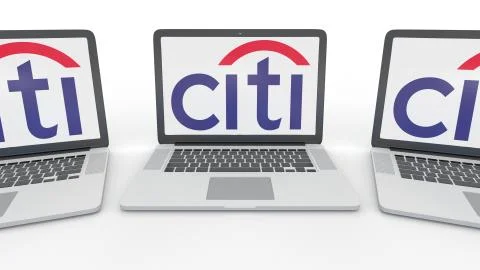 Notebooks with Citigroup logo on the screen. Computer technology conceptual Stock-Illustration