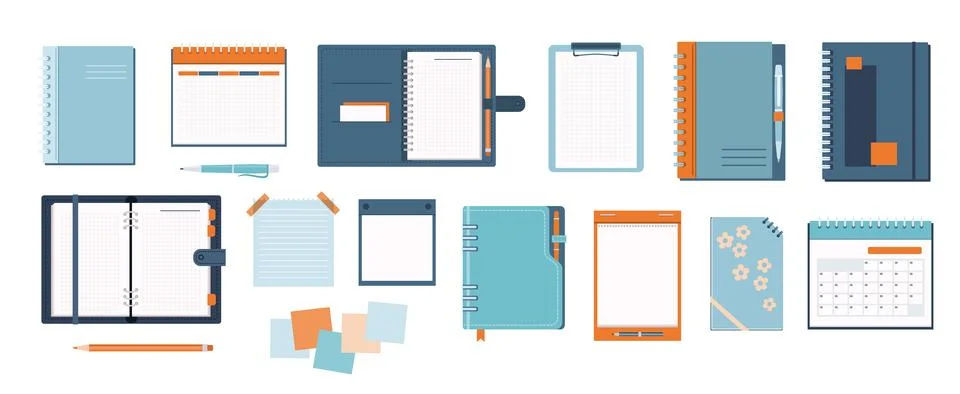 Notebooks collection, wire bound notebooks, notepad, sheets, pen and pencil Stock-Illustration