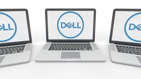 Notebooks with Dell Inc. logo on the screen. Computer technology conceptual Stock-Illustration