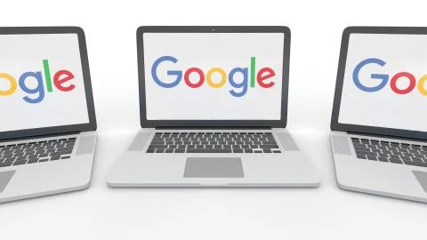 Notebooks with Google logo on the screen. Computer technology conceptual Stock Illustration