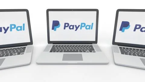Notebooks with PayPal logo on the screen. Computer technology conceptual Stock Illustration