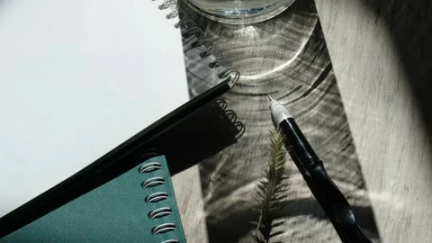 Notebooks, pen and hard shadow of glass vase with flower. Workplace, Vidéo 161666631