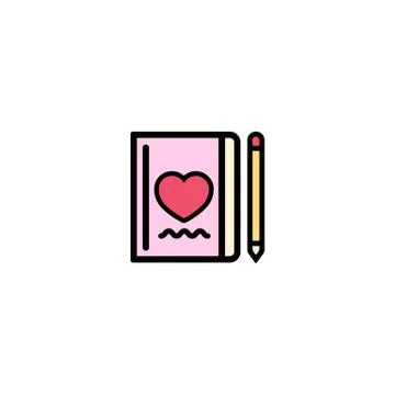 Notebooks, pencil, hearts icon flat. Love stories symbol. Valentines day conc Stock Illustration