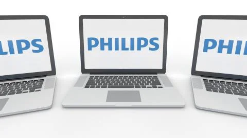 Notebooks with Philips logo on the screen. Computer technology conceptual Stock-Illustration