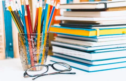 Notebooks piles, stack of books education back to school background, textbook Stock Photos