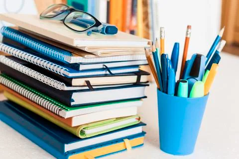 Notebooks piles, stack of books education back to school background, textbook Stock Photos