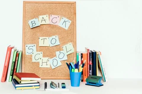 Notebooks piles, stack of books education back to school background, textbook Stock Photos