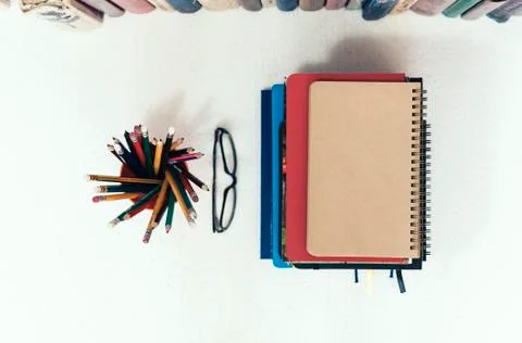 Notebooks piles, stack of books education back to school background, textbook 写真素材