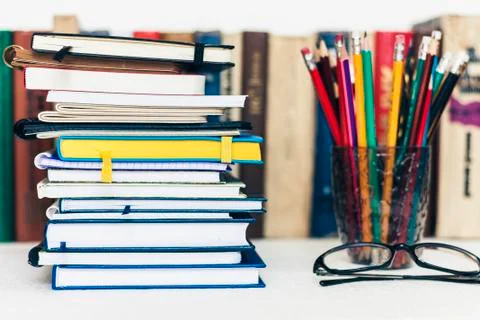 Notebooks piles, stack of books education back to school background, textbook 스톡 사진