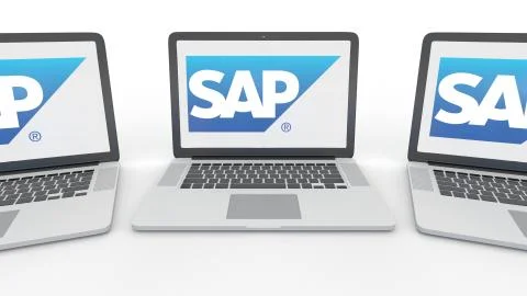 Notebooks with SAP SE logo on the screen. Computer technology conceptual イラスト素材