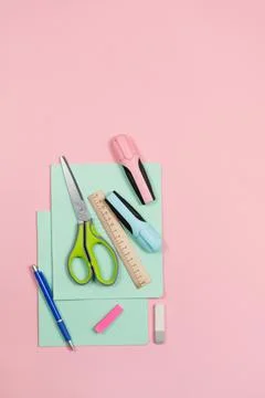 Notebooks, scissors, markers, ruler, everything for studying or working in the Stock Photos