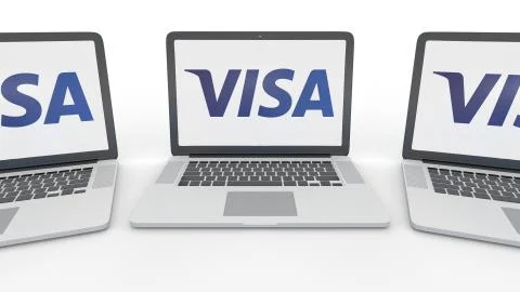 Notebooks with Visa Inc. logo on the screen. Computer technology conceptual Stock-Illustration