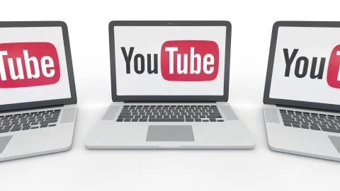 Notebooks with YouTube logo on the screen. Computer technology conceptual Stock Illustration