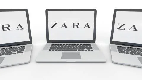 Notebooks with Zara logo on the screen. Computer technology conceptual editorial Stock-Illustration