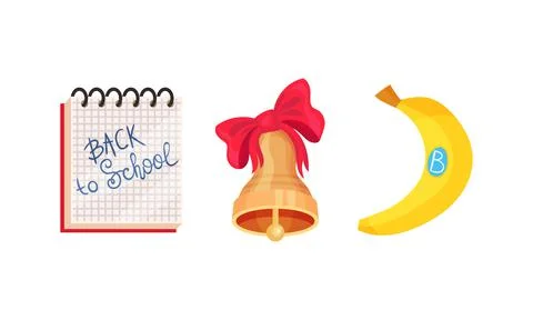 Notepad and Bell as Back to School Symbol and Stationery Object Vector Set Stock Illustration