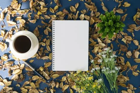 Notepad and coffee on rustic background Stock Photos