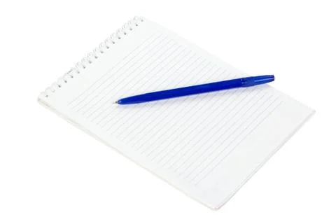 The notepad and lying on a blue pen isolated on white Stock Photos