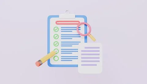Notepad and pen with tick box, Magnifying glass, Time management and schedule Stock Illustration