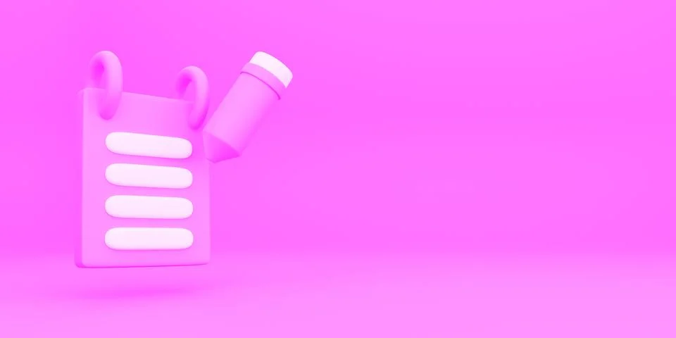 Notepad and pencil 3d render pink background Stock Illustration