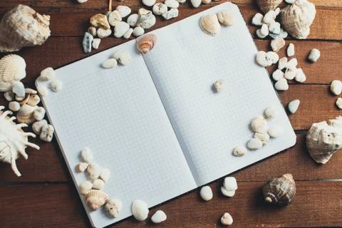 Notepad around him shells Stock Photos
